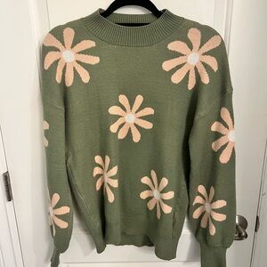 Green and Pink Crew Neck Sweater with Floral Design
